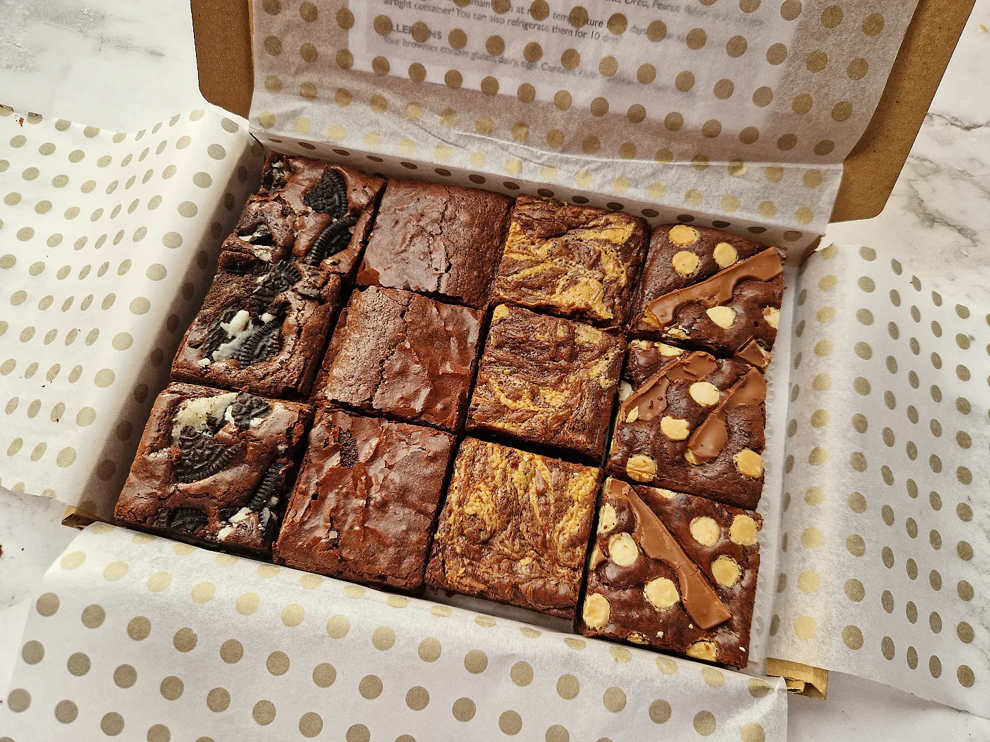 A box of assorted Sweet Slice brownies