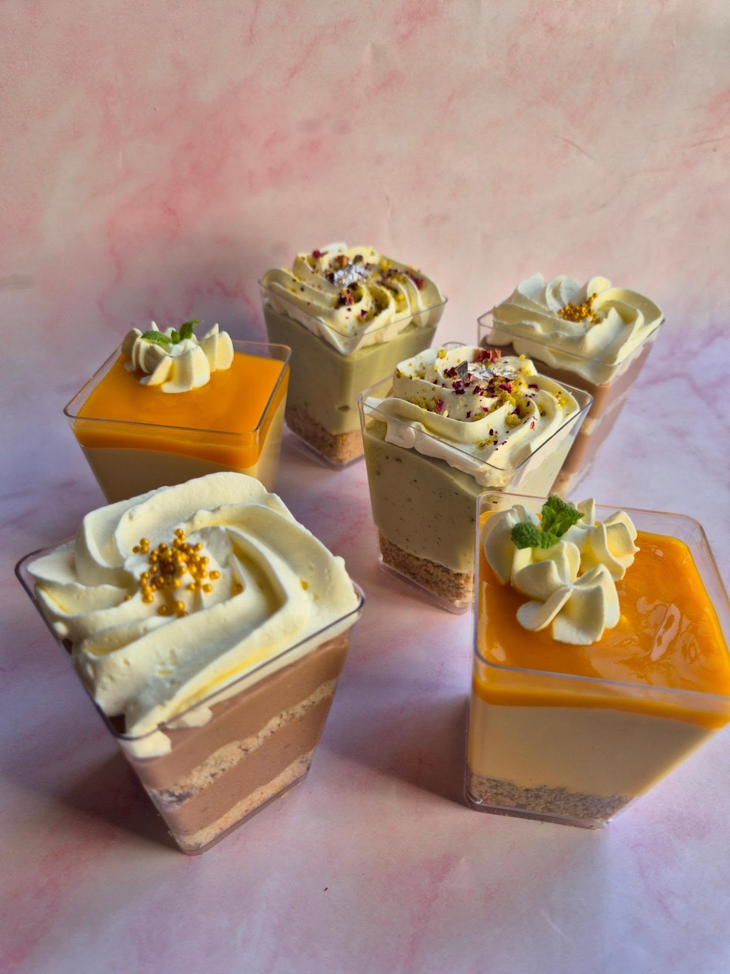 Mango, pistachio and rose cheesecake cups
